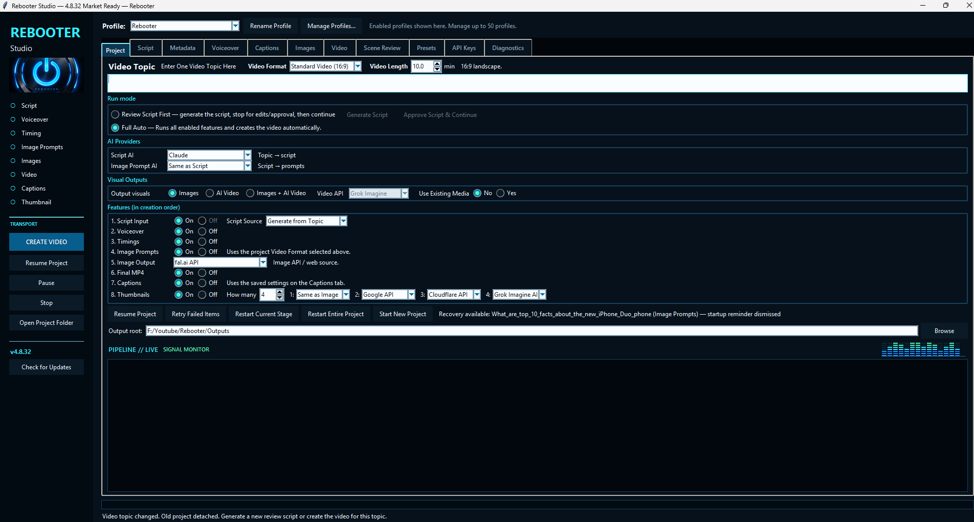 Rebooter Studio application showing an AI video project workflow